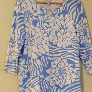 Rebecca Malone Blue and White Patterned Blouse